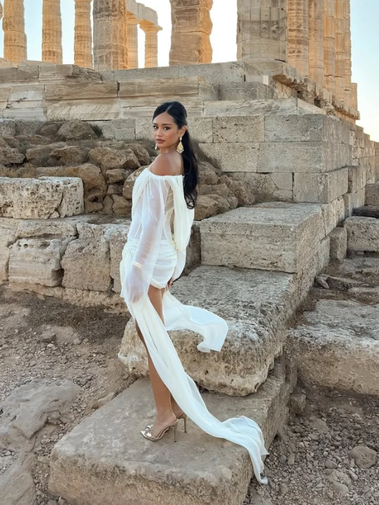 여성 시크 섹시 스트랩리스 드레스 긴 소매 오프숄더 하이웨이스트 리본 플리츠 슬림 드레스 여성 2025 휴가 비치 로브