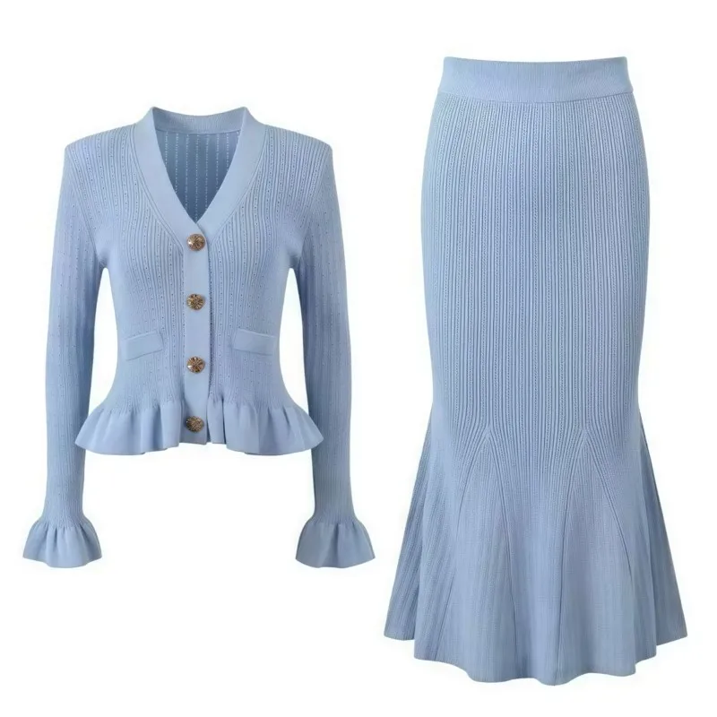 Set da due pezzi in maglia da donna francese elegante con scollo a V, cardigan a maniche lunghe con volant e set di maxi gonne a sirena a tubino a vita alta
