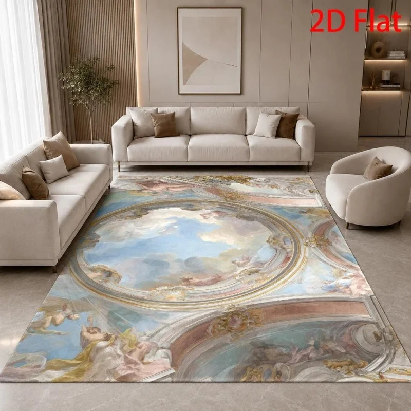 European Renaissance Fresco Angel Ceiling Sky Large Area Rug, Vintage Baroque Religious Non-slip Floor Carpet forLiving Room