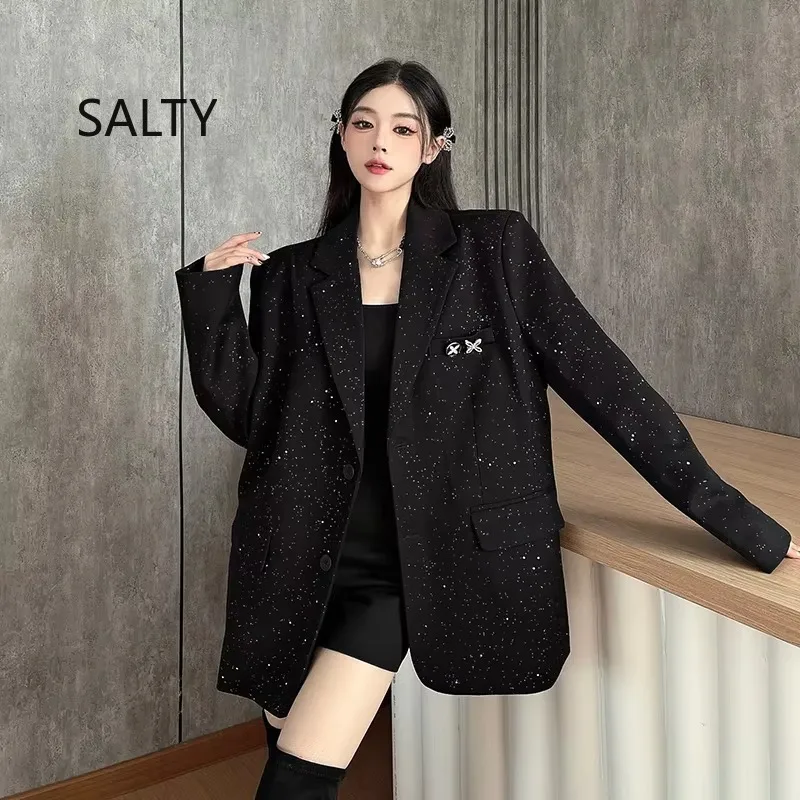 

Spring/Autumn Design Black Suit Jacket Woman Hot Stamping Shiny High-end High Quality Women's Blazer Clothing