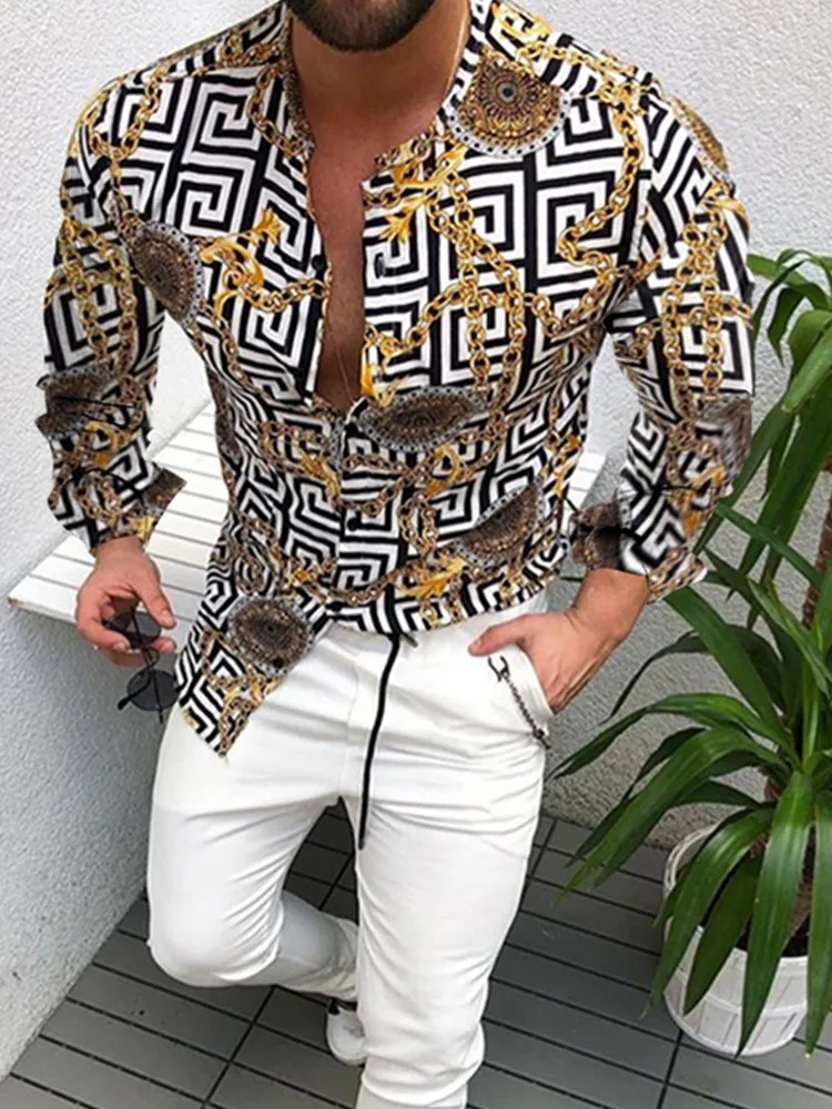 2024 Spring and Autumn Men Casual Fashion Print Long Sleeve Henry Collar Shirt S-3XL