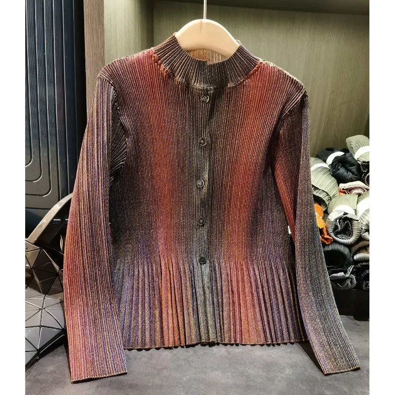 Retro Gradient Color Collision Halo Stand-up Collar Jacket 2026 Spring New Women's Long-sleeved Top T-shirt Casual Shirt