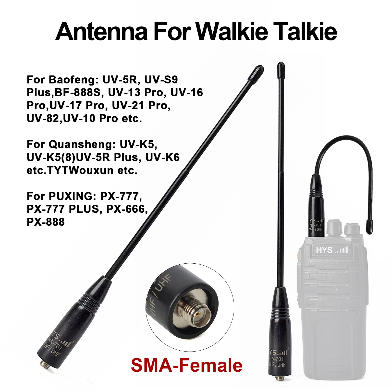 NA-701 VHF/UHF(144/430Mhz) 2meter 70cm Whip Antenna SMA-Female for Baofeng BF-888S BF-UV5R BF-UV82 GT-3 BF-F8HP Handheld Radios