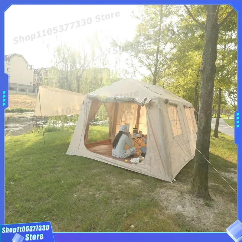 Deluxe Large Inflatable Ridge Tent 396x270x200cm 420D Oxford Fabric Luxury Glamping Cabin High Strength PVC Column Khaki