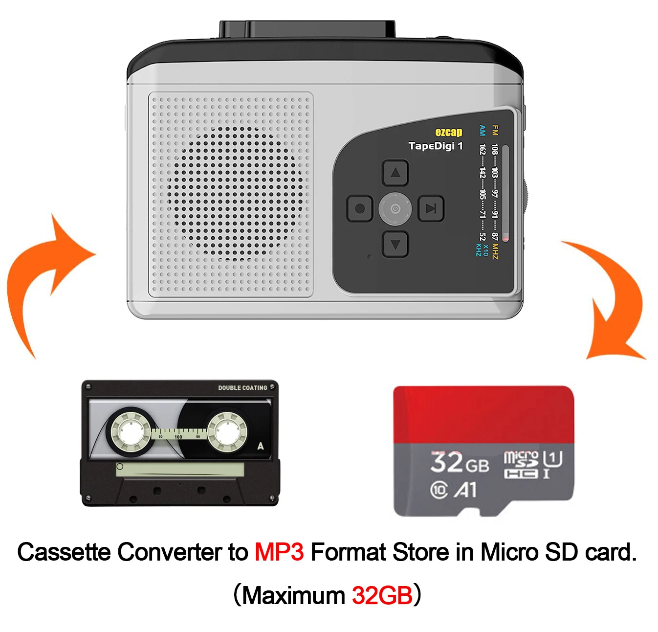 Ezcap Original Multifunction Walkman Cassette Player with AM/FM Radio,Cassette To MP3 Converter Save To TF Card,No Need Computer