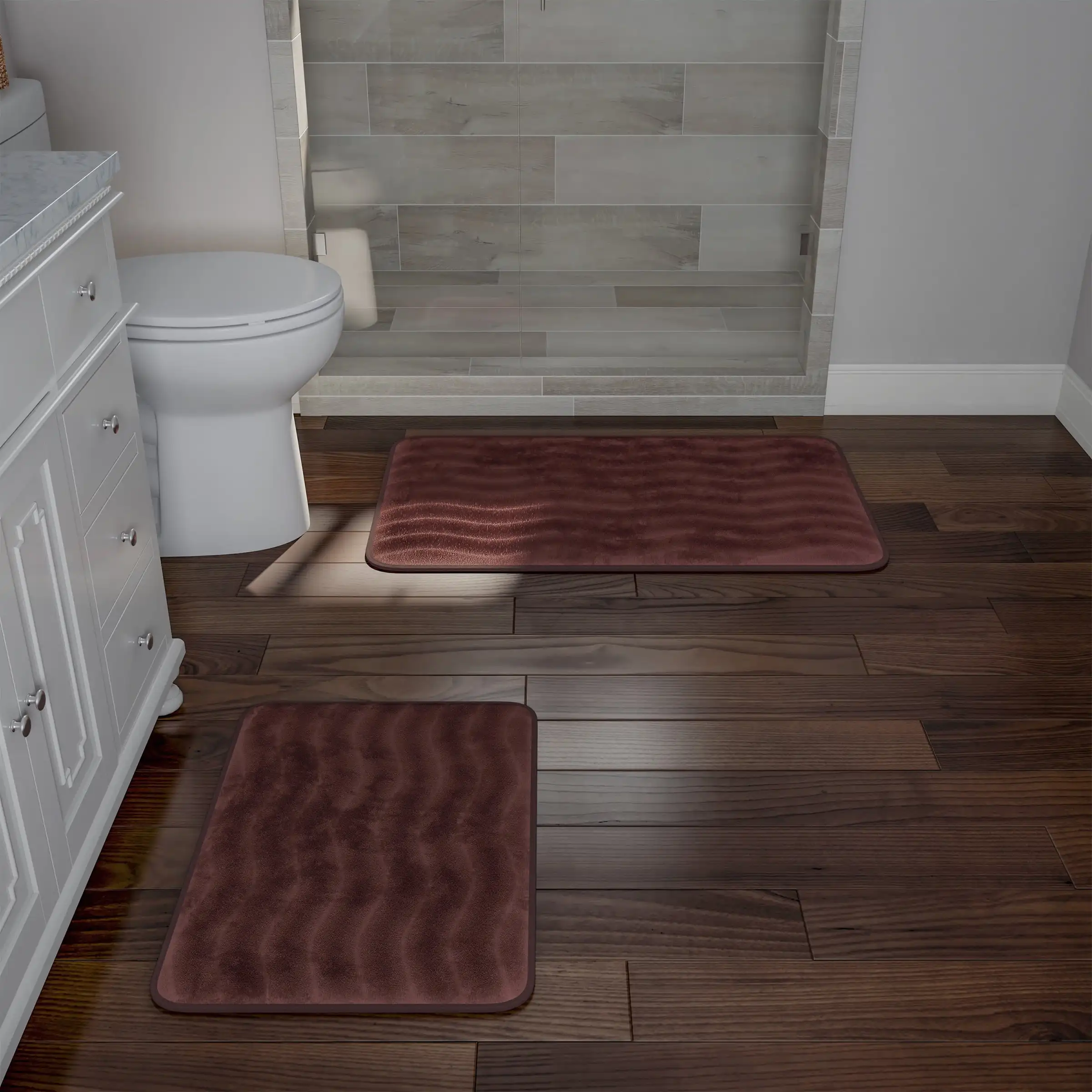 

Bathroom Rug Set- 2-Piece Memory Foam Bath Mats-Wavy Microfiber Top-Non-Slip Absorbent Runner for Shower, Tub, Sink, or Kitchen