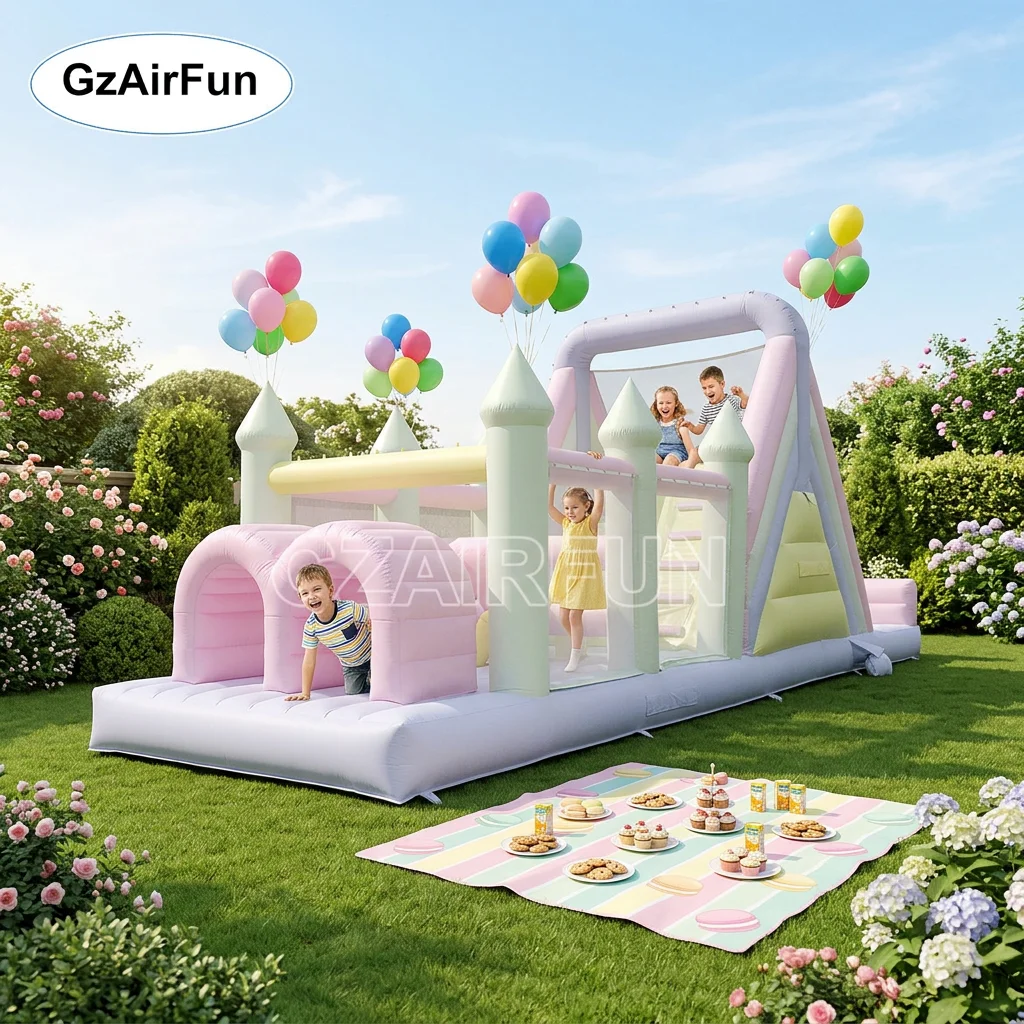 

Commercial Grade Macaron Color Inflatable Obstacle Course with Slide PVC Kids Jumping Castle for Wedding Birthday Party Events