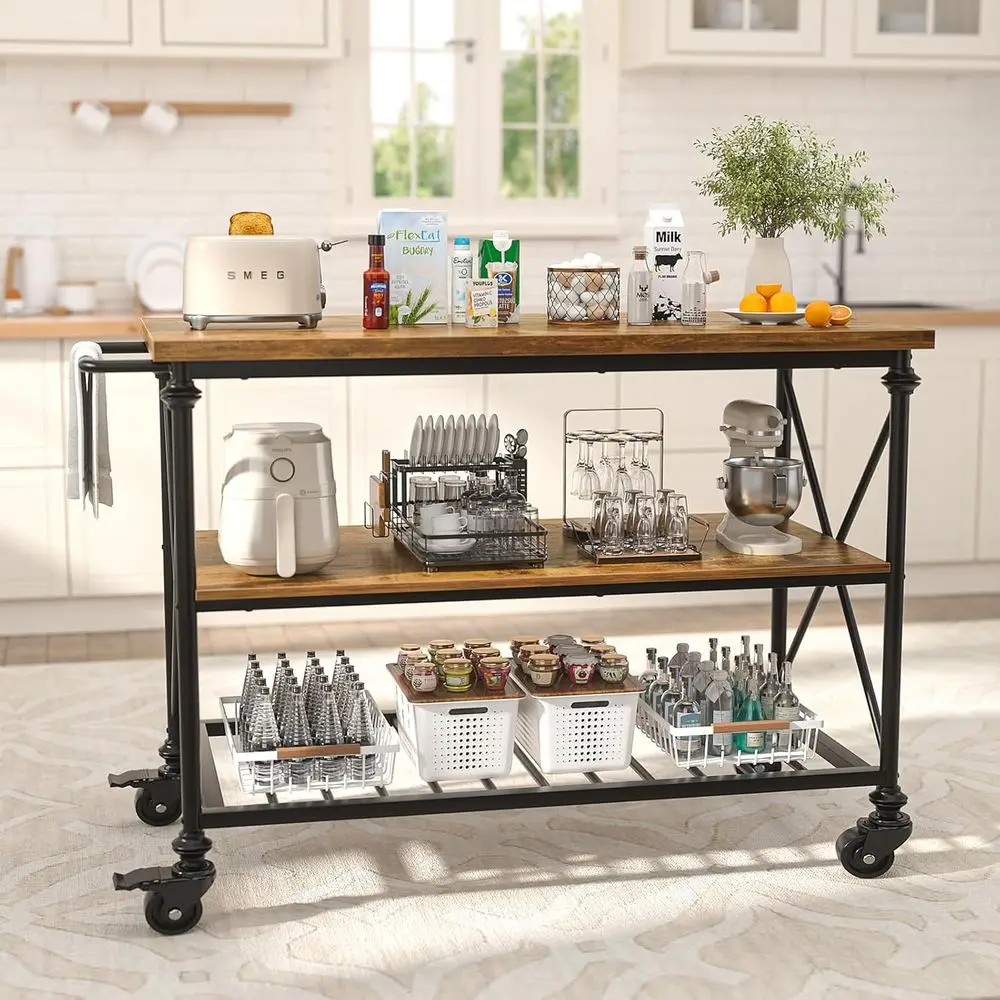 Kitchen Island Cart with Wheels, 3-Tier Wood and Metal Rolling Kitchen Island Tale with Pipe Legs, StoraShees & Lockale Casters