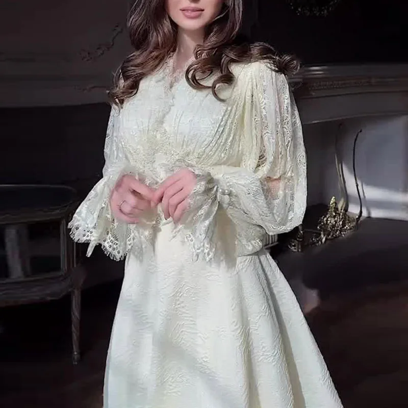 French Sexy Lace Embroidered Jacquard Dress Woman V Neck High Waist Crochet Evening Dresses Autumn Puff Sleeve Tie-up Maxi Dress