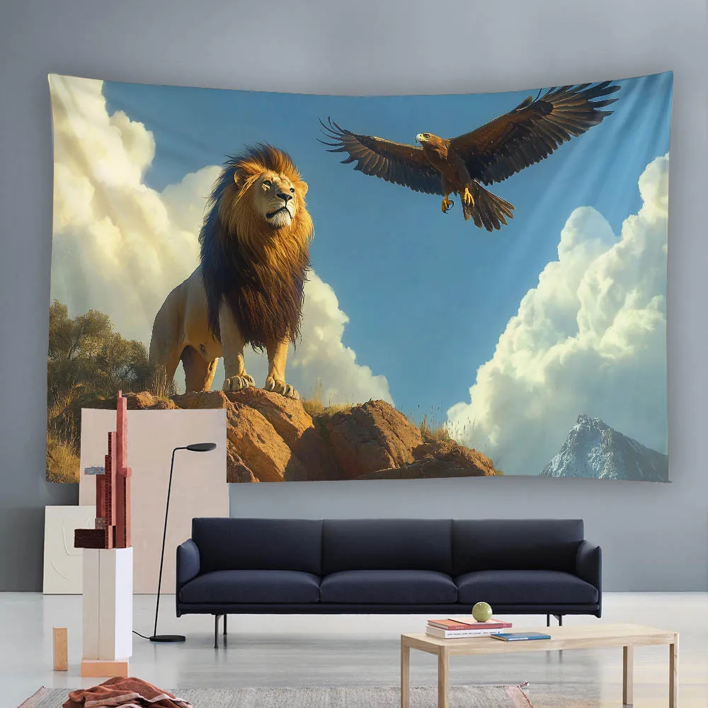 Lion King And Eagle Theme Tapestry Polyester Fabric Machine Washable Wall Hanging Decor for Bedrooms Living Room