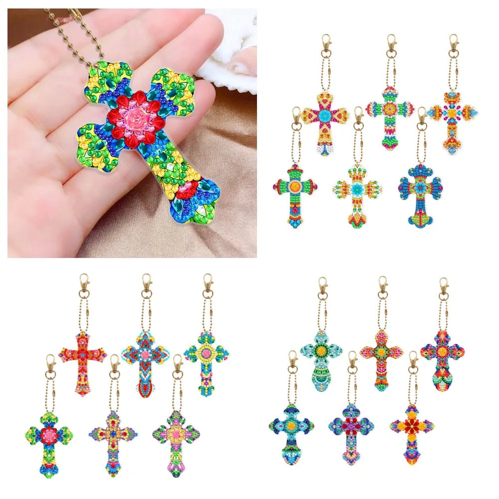 

DIY Diamond Painting Keychain Set 6-piece cross keyring Full Diamond Mosaic Making Pendant Gift Backpack Mobile phone Pendant