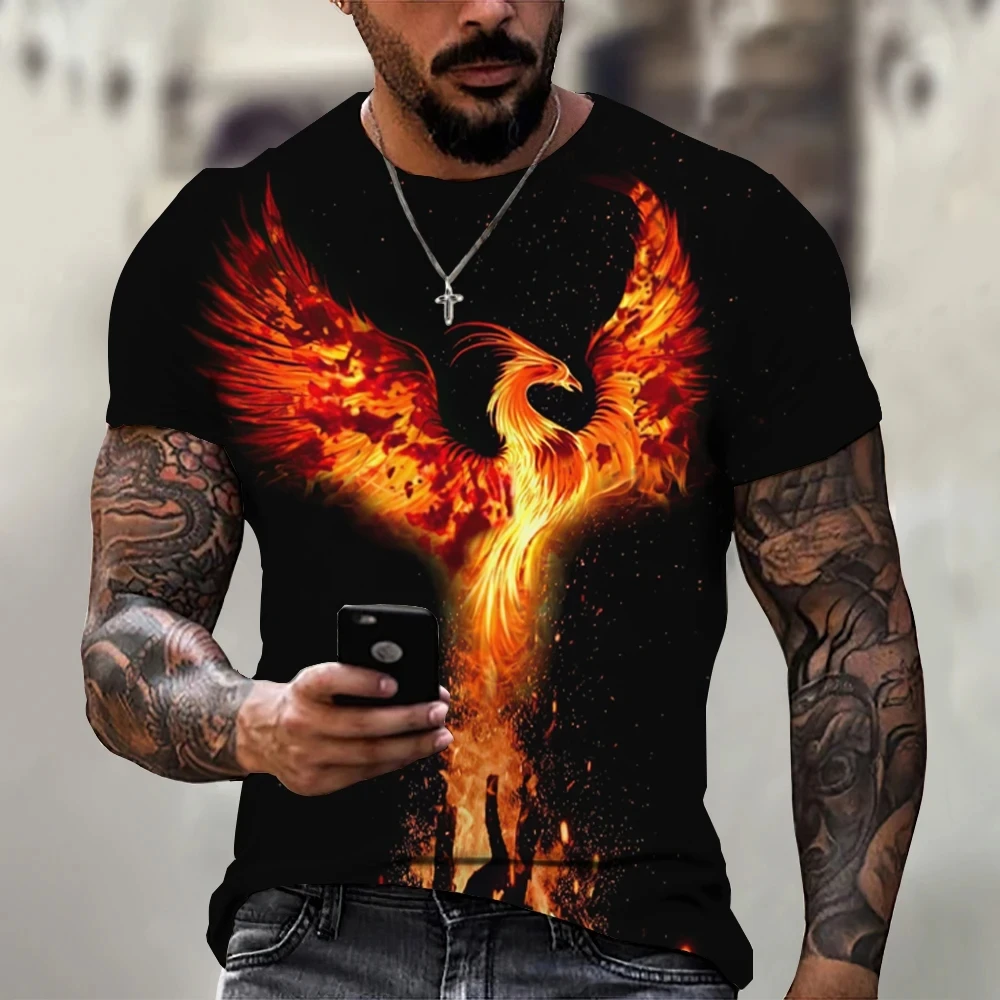 New Men's 3D Printed Phoenix Pattern Fashion Top Plus Size Round Neck Short Sleeve Retro Fashion Casual T-shirt