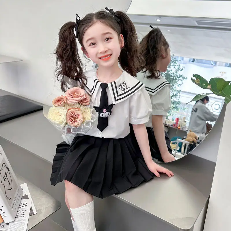 Kawaii sanrios kuromi mädchen mode jk outfits kinder adrettes hemd falten rock outfit lolita rock sommer kinder kleidung mädchen geschenk