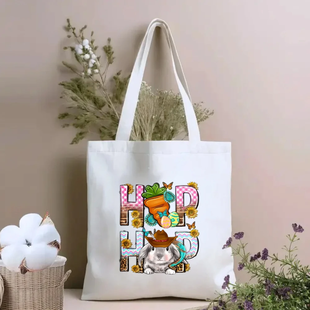Western Style "Hip Hop" Bunny Print Canvas Tote Bag Easter Cowgirl Themed Women Shoulder Bag