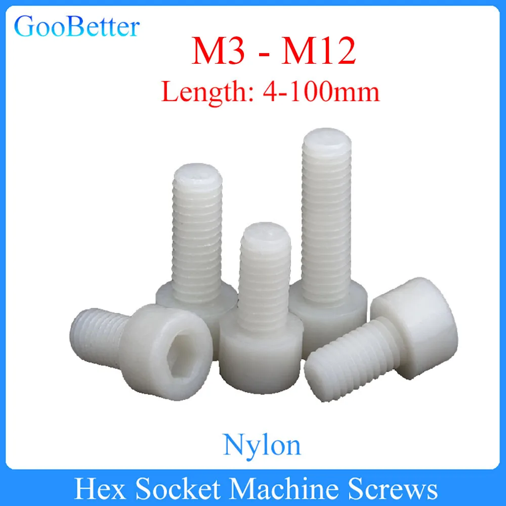 

10/20/50/100Pcs Nylon Allen Cap Head Machine Screws M3 M4 M5 M6 M8 M10 M12 White Hexagon Hex Socket Bolts Length=4-100mm