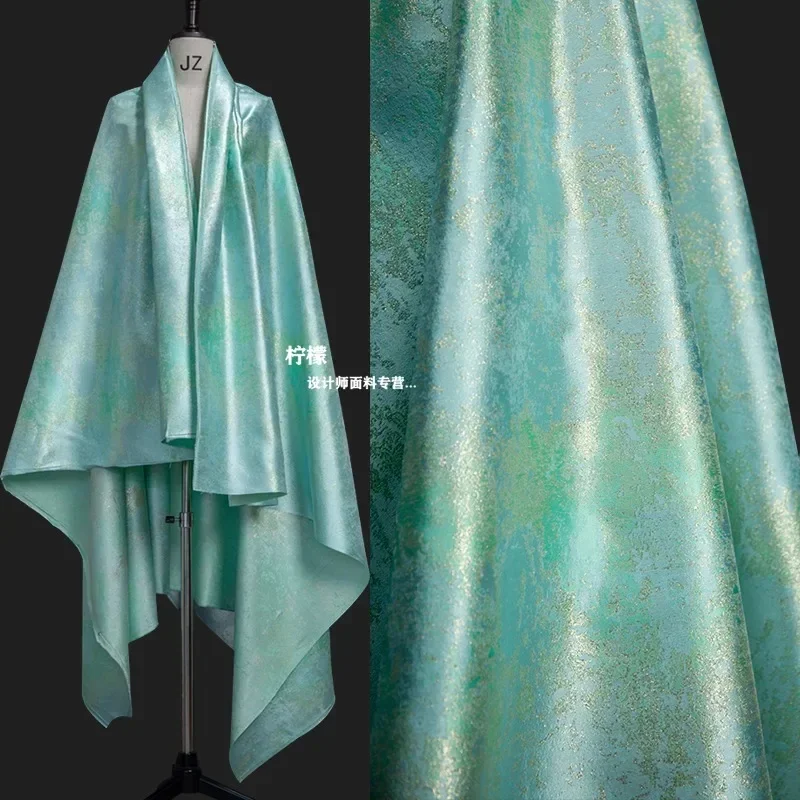 Green Gilded Glitter Double-sided Irregular Jacquard Fabric Jacket Qipao Horse Faced Hanfu Clothing Designer Fabric