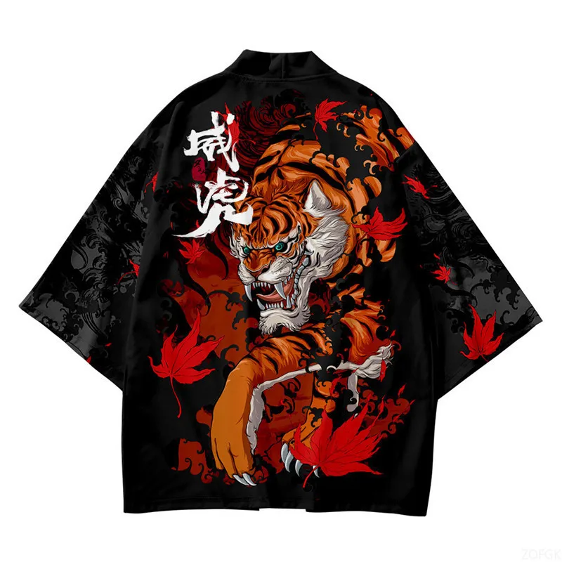 Black Kimono Open Collar Men's and Women's Japanese Obi Men's Yukata Boy Haori Anime Tiger Patterned Jacket Top