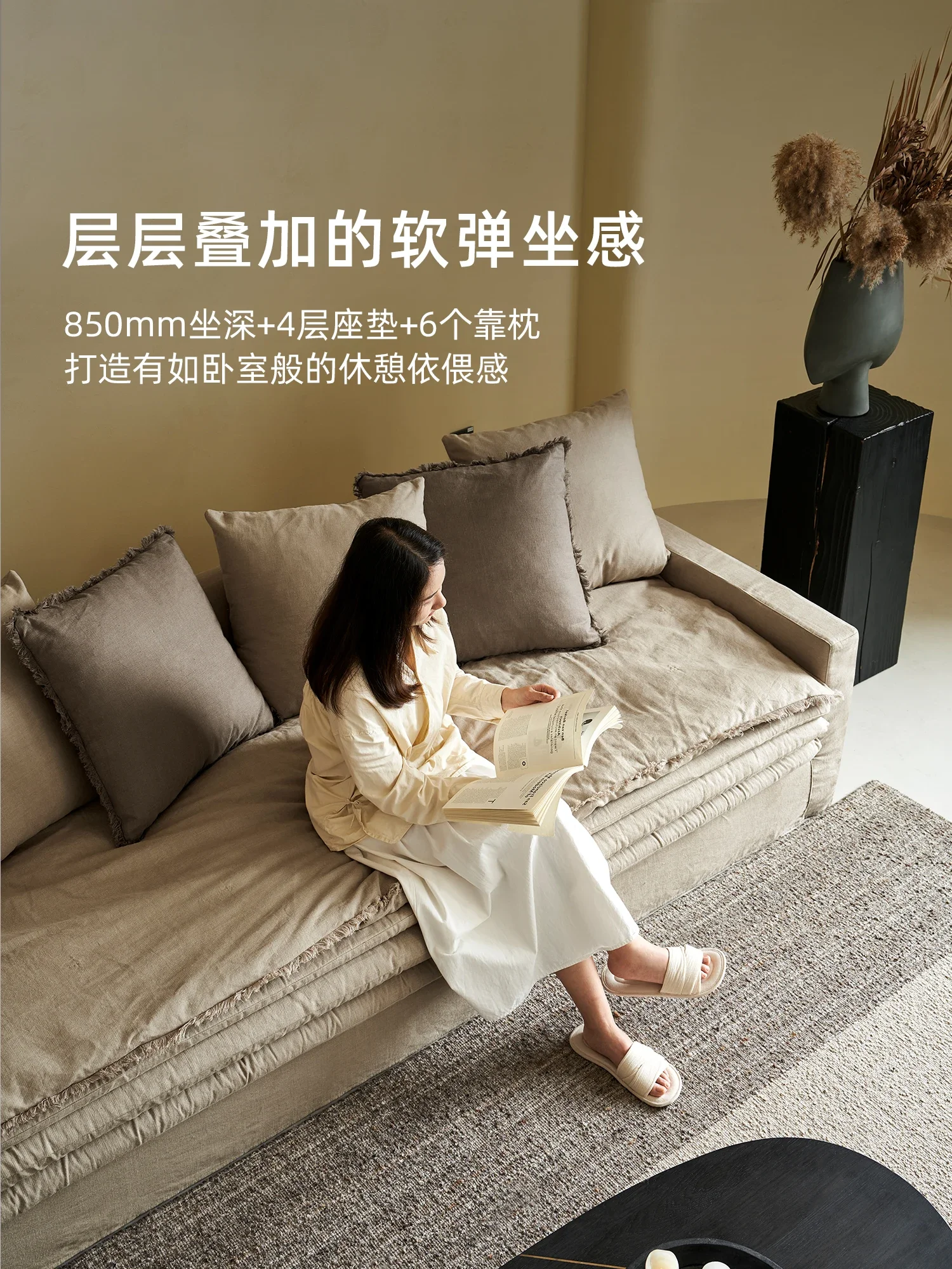 Accordion, sofa, living room, wabi-sabi-style linen, modern and simple, straight row of three seats