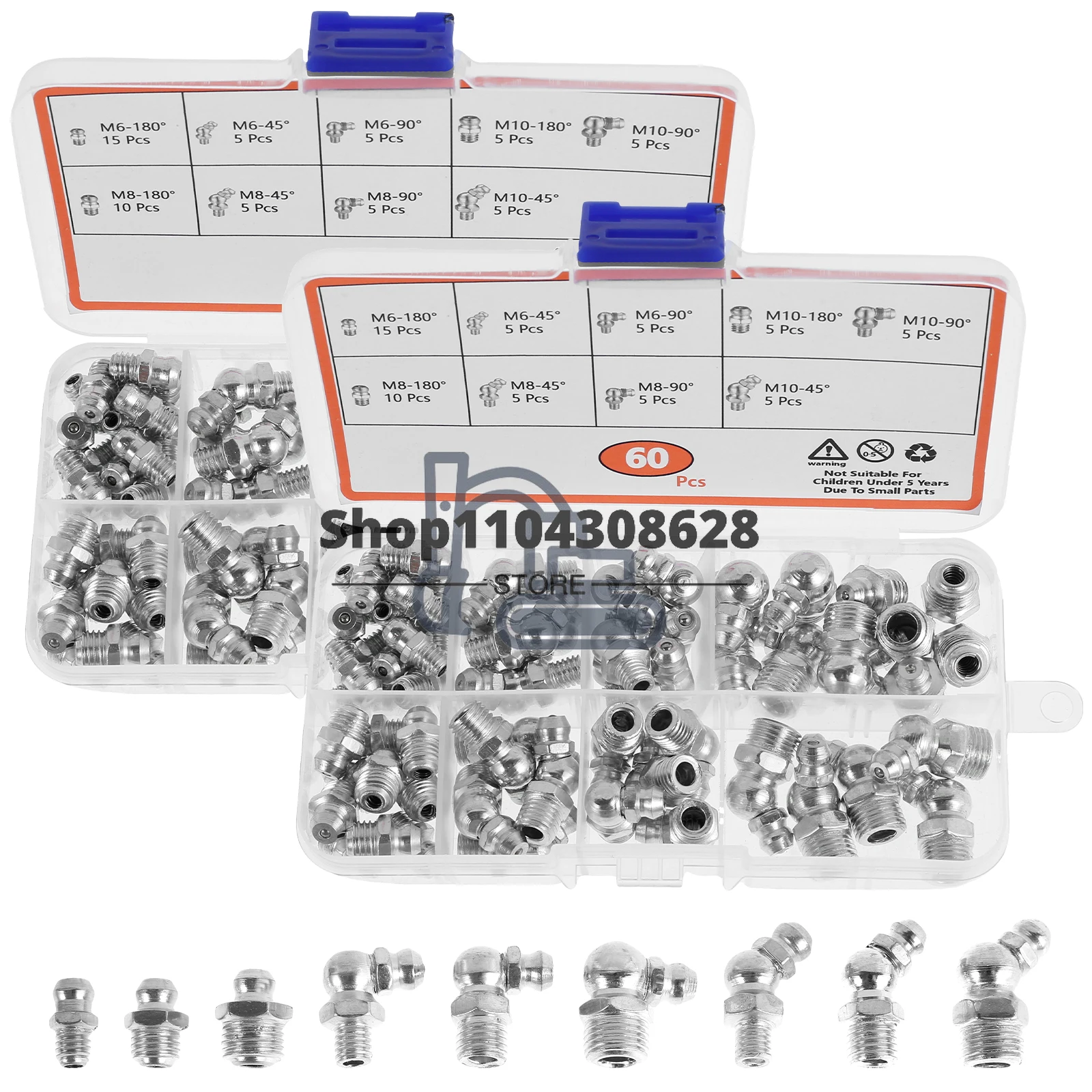 60/120Pcs Straight 45°/90°Angle Metric Grease Fitting Assortment Galvanized Metal Grease Nipple with Storage Box High Quality