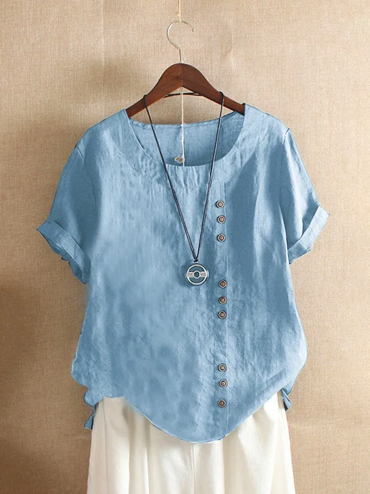 

Casual Solid Shirt Top For Women Fashion Short Sleeve O Neck Button Pullover Shirts Tops Lady Summer Office Womens Clothing New