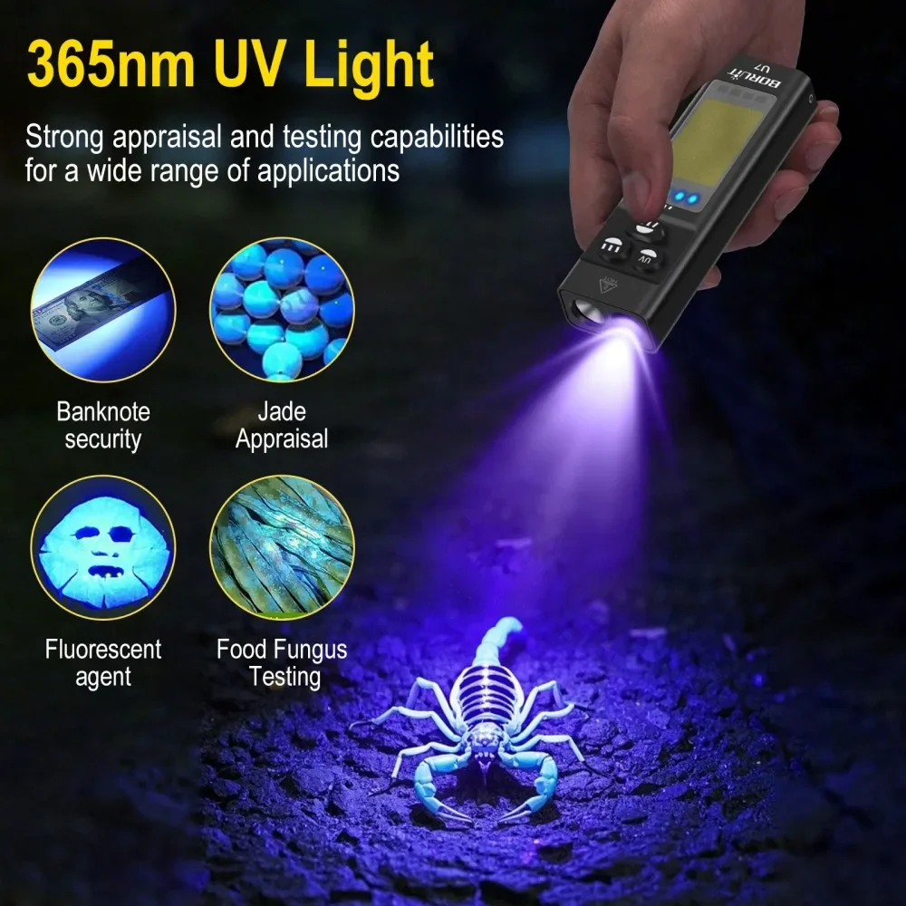 BORUiT U7 1100LM UV LED EDC مصباح يدوي Type-C بنك الطاقة القابل لإعادة الشحن ضوء العمل الشعلة مع فانوس جيب التخييم المغناطيسي