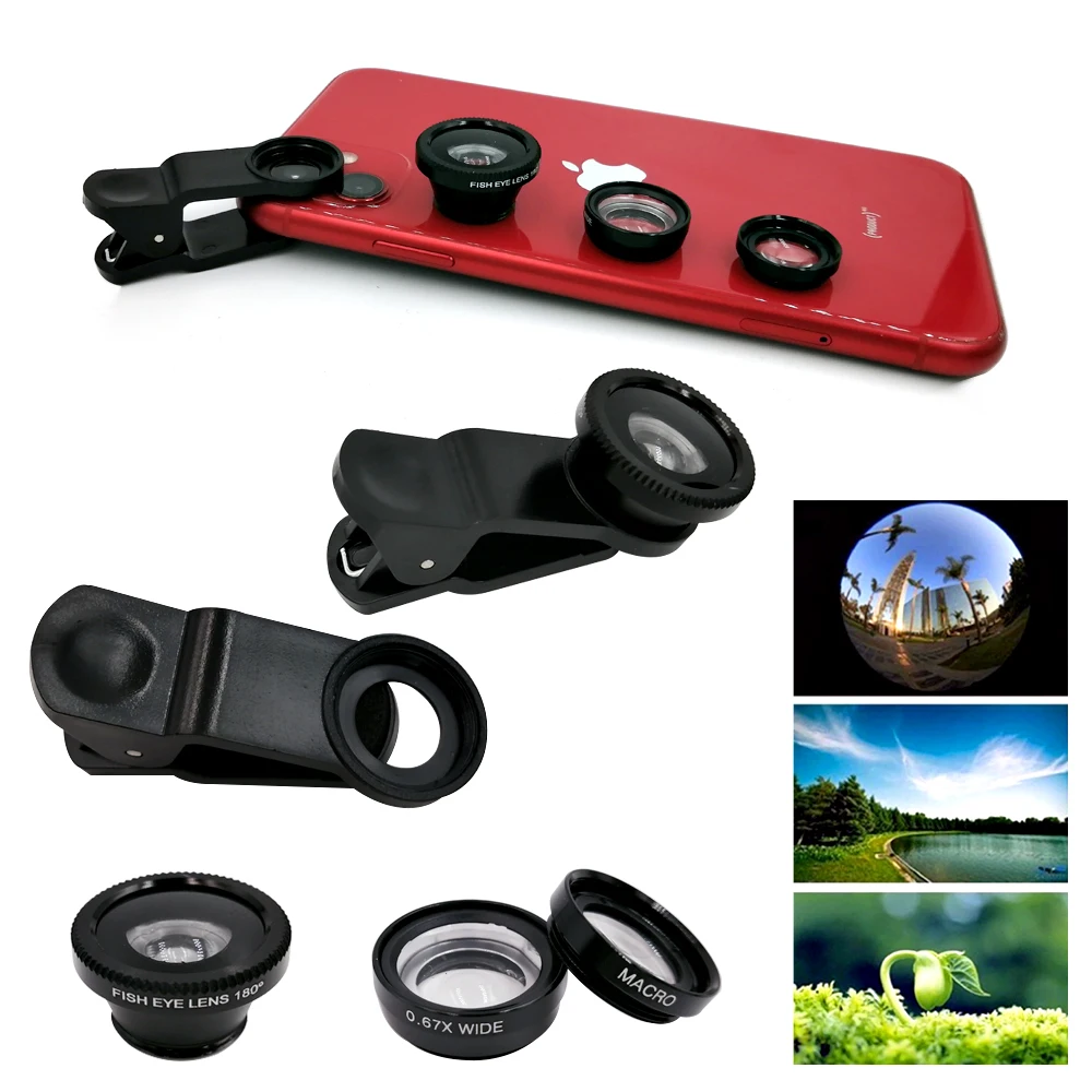 Anjielosmart Macro Lens For Phone Universal 3 in 1 Microscope Cell Phone Lens Wide Angle Fisheye Lens Camera Magnifier For Phone