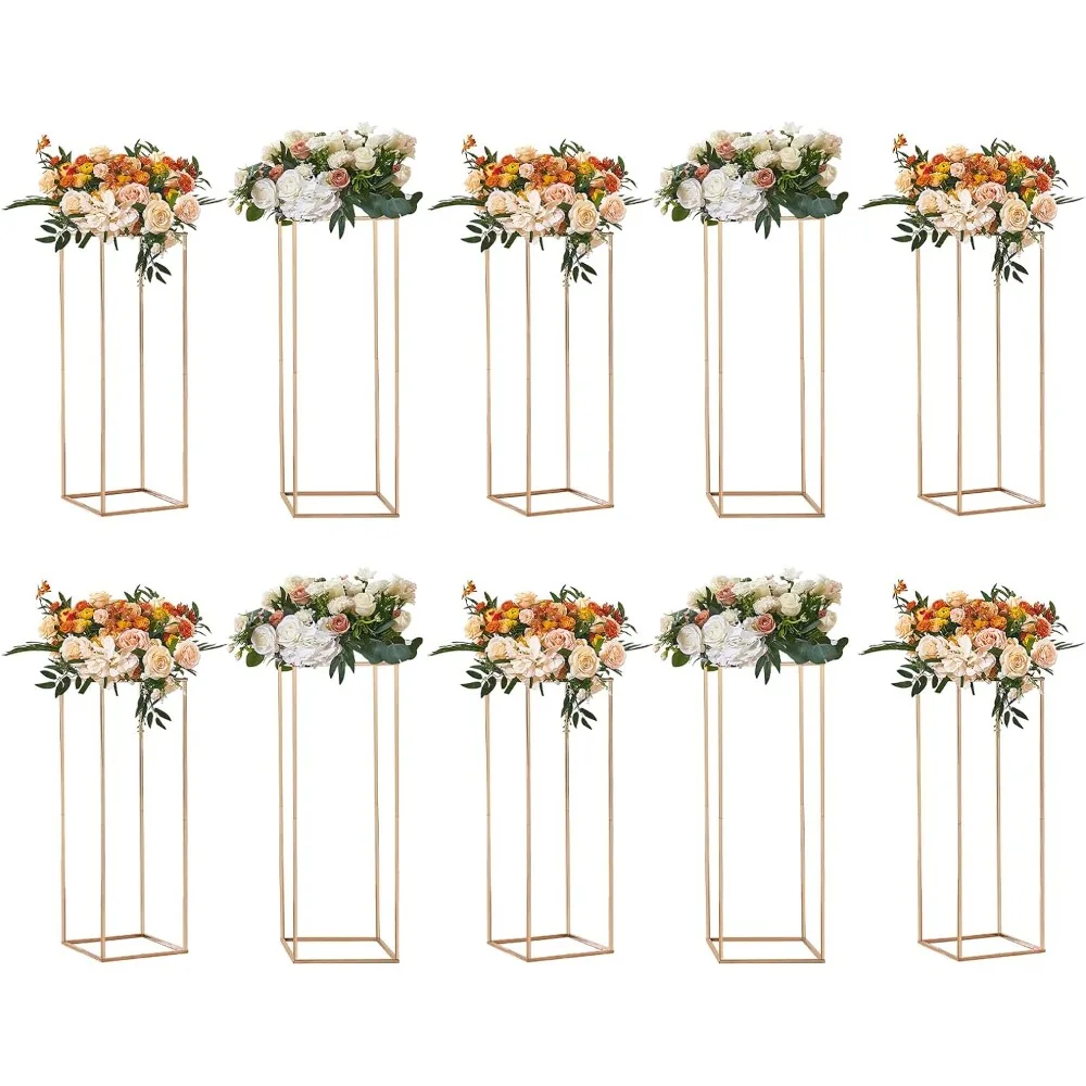 10PCSFlower Stand, With Acrylic ,Metal Vase Column Geometric Centerpiece Stands, Gold Rectangular Floral Display Rack for Party