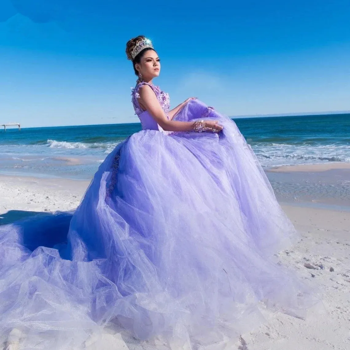 Princess Purple Quinceanera 3D Flower Dresses Off  the Shoulder Sweet 15 Party Ball Gown Crystal Customized