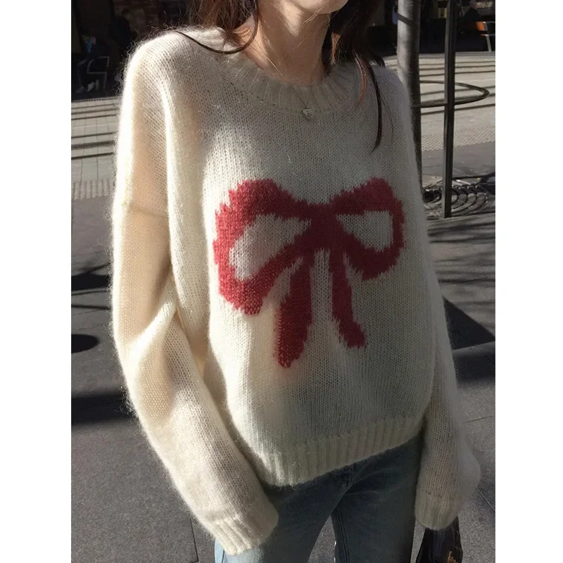 Mengxiang Autumn Angora+Wool Loose-Fit Casual Versatile Age-Reducing Soft And Supple Bow Jacquard Sweater Crew Neck Thin