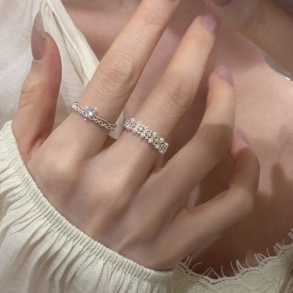 New Exquisite 925 Sterling Silver  Lace Heart Zircon Pearl Floral Bling Rings for Women Adjustable Open Ring Stackable Jewelry