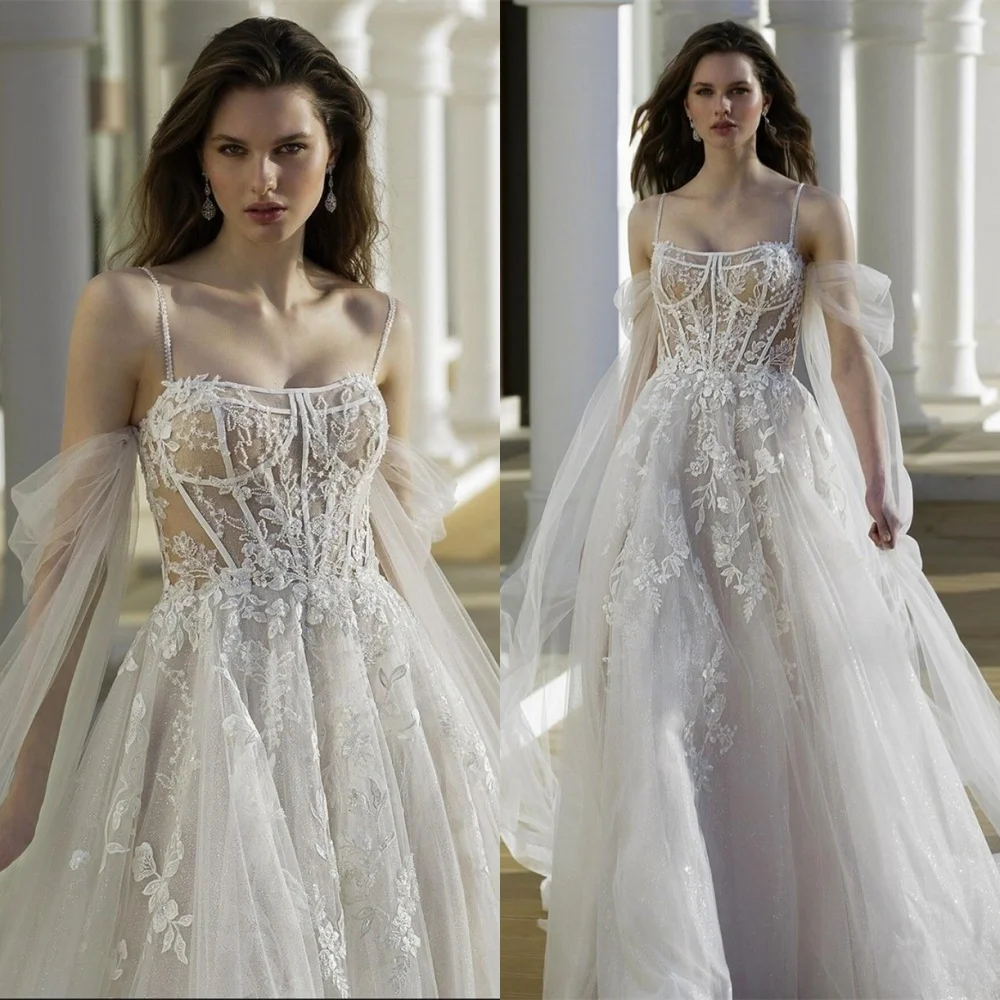 

Customized High Quality White Organza Wedding Dress Elegant Strapless Spaghetti Straps Ribbon Dress Chapel Train Bridal Gowns