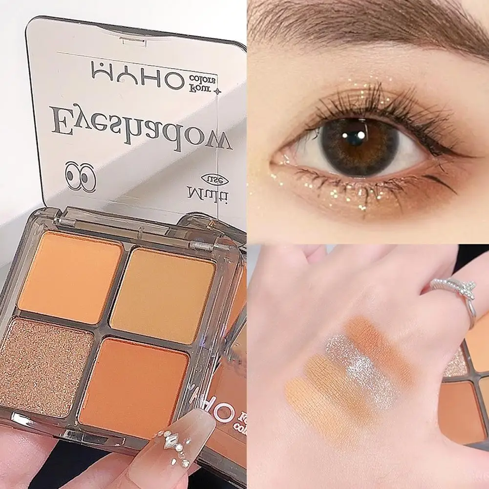 Paleta de sombra de ojos de 4 colores, sombra de ojos mate brillante y brillante para uso diario, tonos tierra, brillo resistente al agua, cosméticos brillantes de gusano de seda