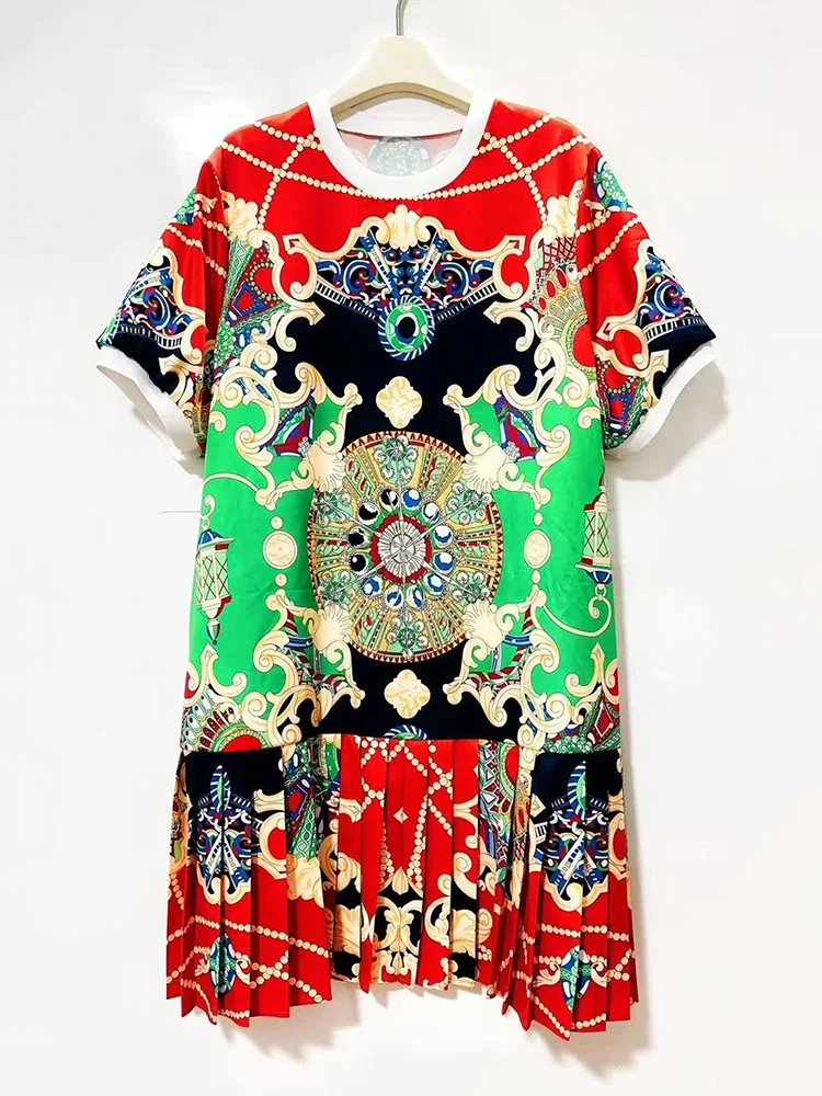 Designer retro impressão geométrica em torno do pescoço pulôver camiseta vestido 2025 verão vestido feminino solto plissado saia inchada