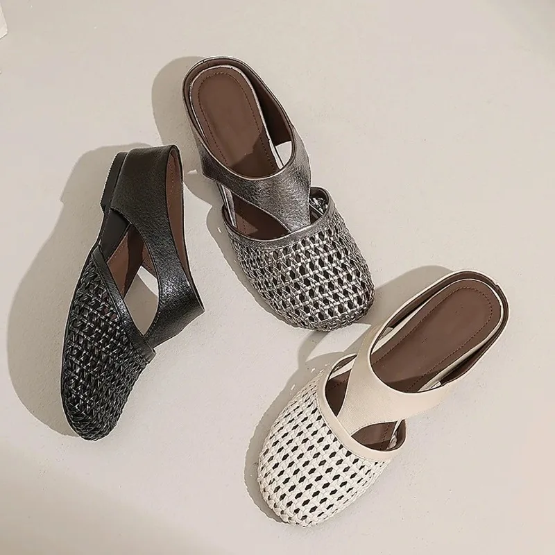 

Новая тенденция 2025, модные летние женские тапочки с круглым носком, уличные тапочки Sandalse на мягкой подошве на низком каблуке Женская Обувь