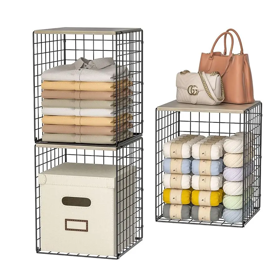 

Closet Organizers and Storage with Wood Top, Set of 3 Stackable Wire Storage Bins for Clothes, Bags, Towels, Double Storage Desi