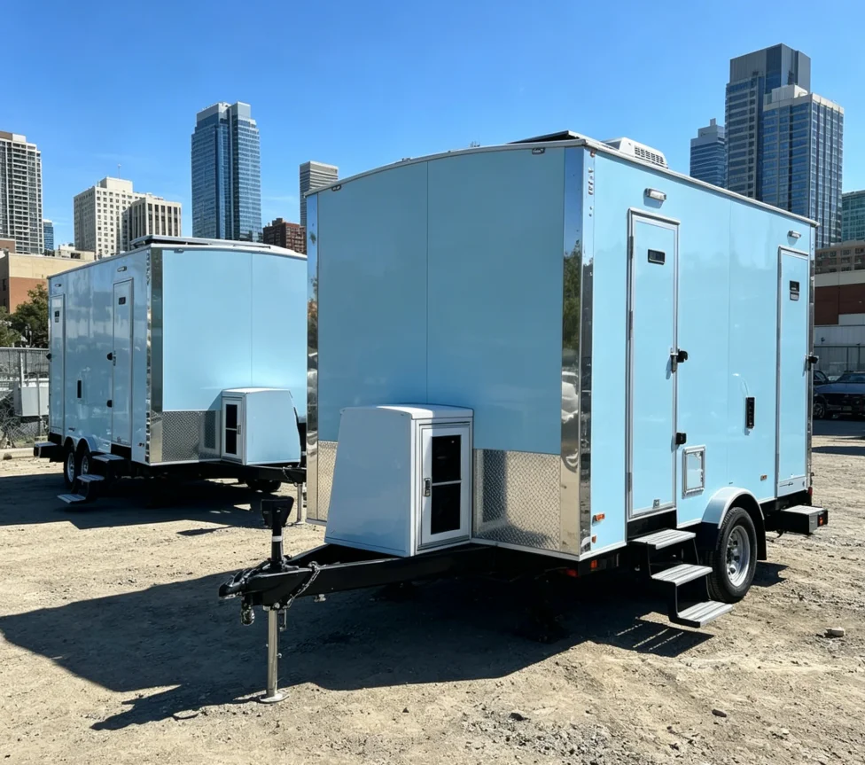 3.6m Portable Toilet Trailer with 2 Doors 2-Stall Mobile Restroom Galvanized Sheet Eco-Friendly & Durable
