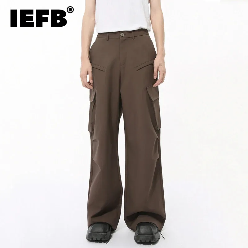 IEFB New Autumn Men's Casual Pants Multi-pockets Elastic Waist Pleated Trousers Straight Wide Leg Male Bottom New Simple 9C7871