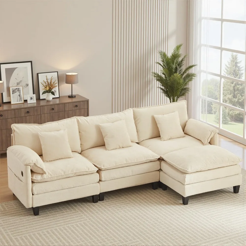

Modular Sectional Sofa, 108” Comfy Cloud Couch with Movable Ottoman | Charging Station | Side Pocket | Throw Pillow, Modern L