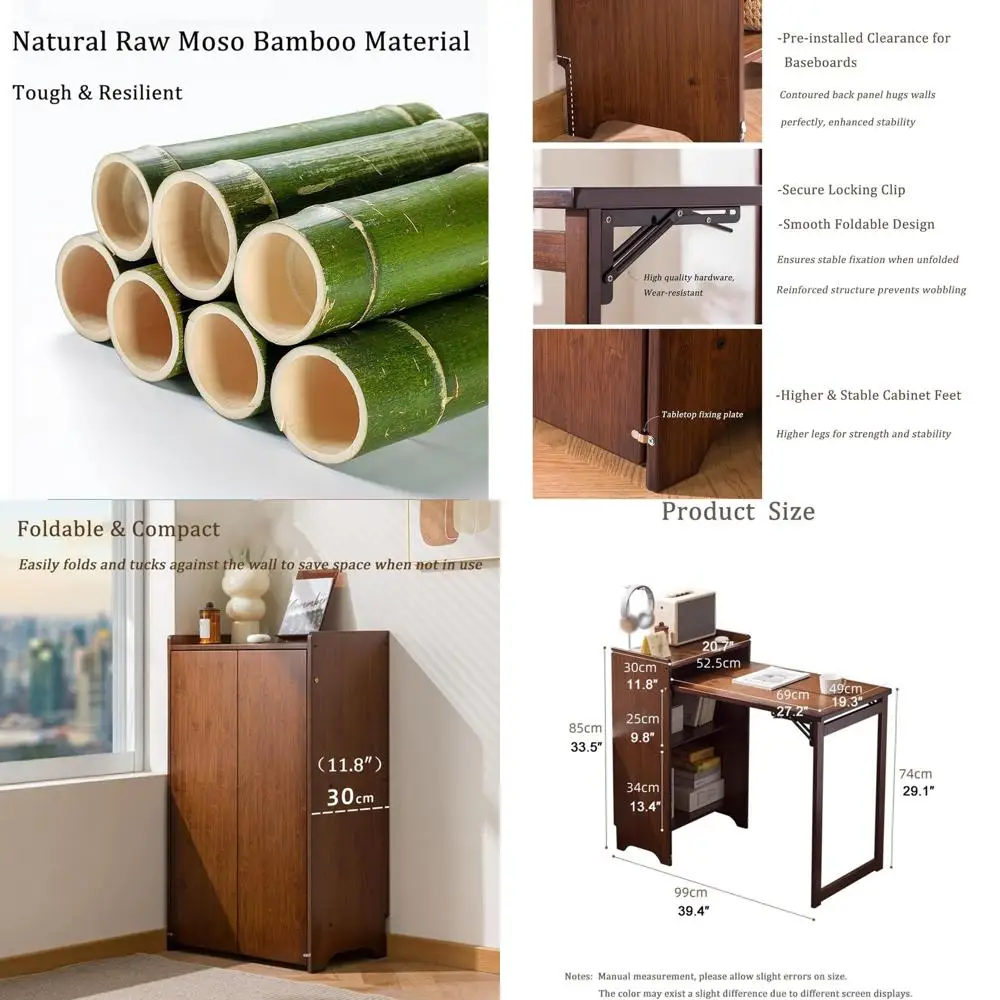 Compact Bamboo Writing Desk with Bookshelf, Convertible Home Office Storage Cabinet, Vanity Table for Bedroom, Living Room, Kitc