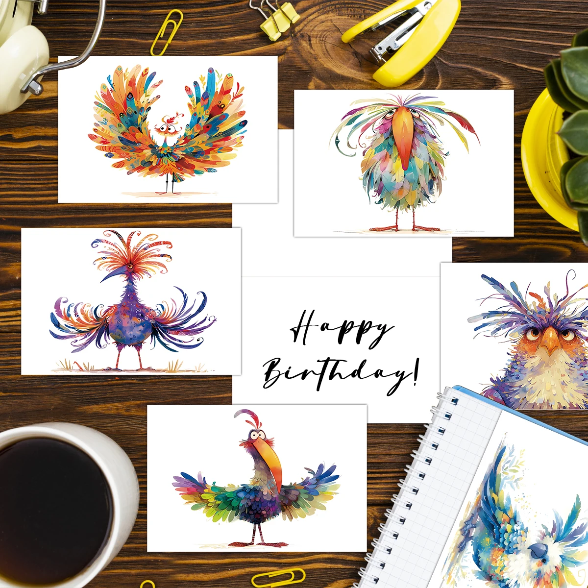12 Stück farbige Vogel-Grußkarten im Ölgemälde-Stil mit Umschlägen, leere Seite für Geburtstag, Hochzeit, viel Glück, Dankeskarten – Detail 3