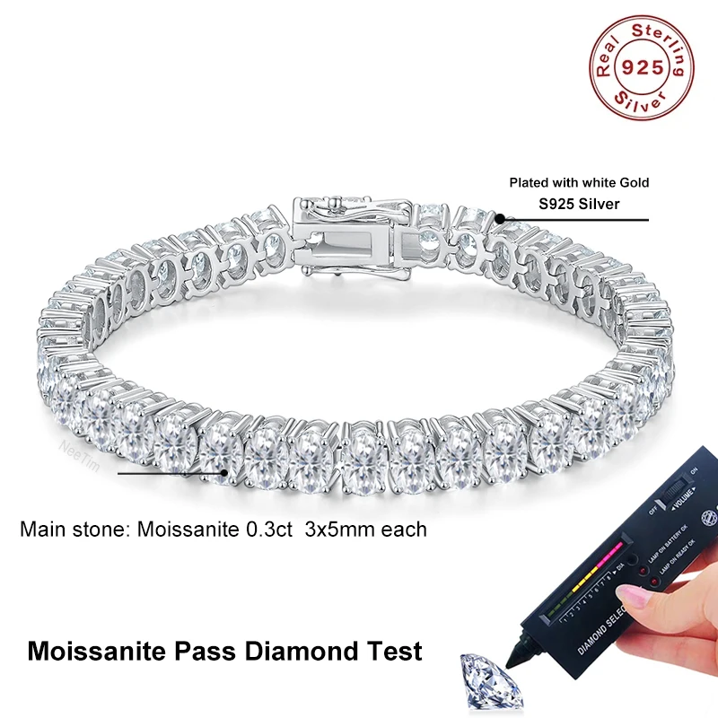 

NeeTim Теннисный браслет овальной огранки D VVS1 с муассанитом, оригинальный браслет из стерлингового серебра 925 пробы с покрытием из белого золота для женщин и мужчин