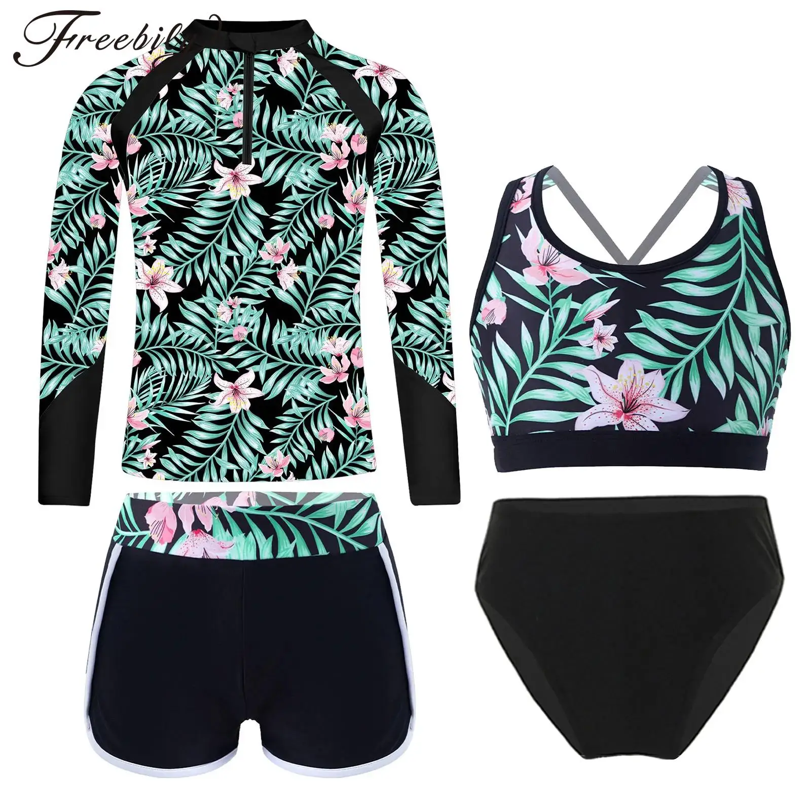 

Kids Girls Swimsuit Long Sleeve Swim Shirt Tops Tropical Print Crop Top with Briefs Swimwear Wetsuit Bathing Suit for Beach Pool