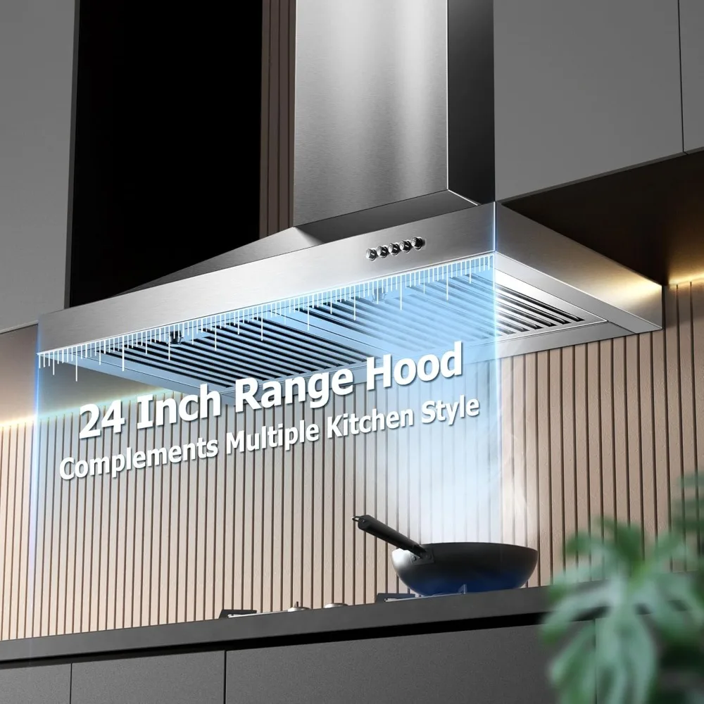 24 Inch Range Hood, Wall Mount Vent Hood in Stainless Steel with Ducted/Ductless Convertible Duct,