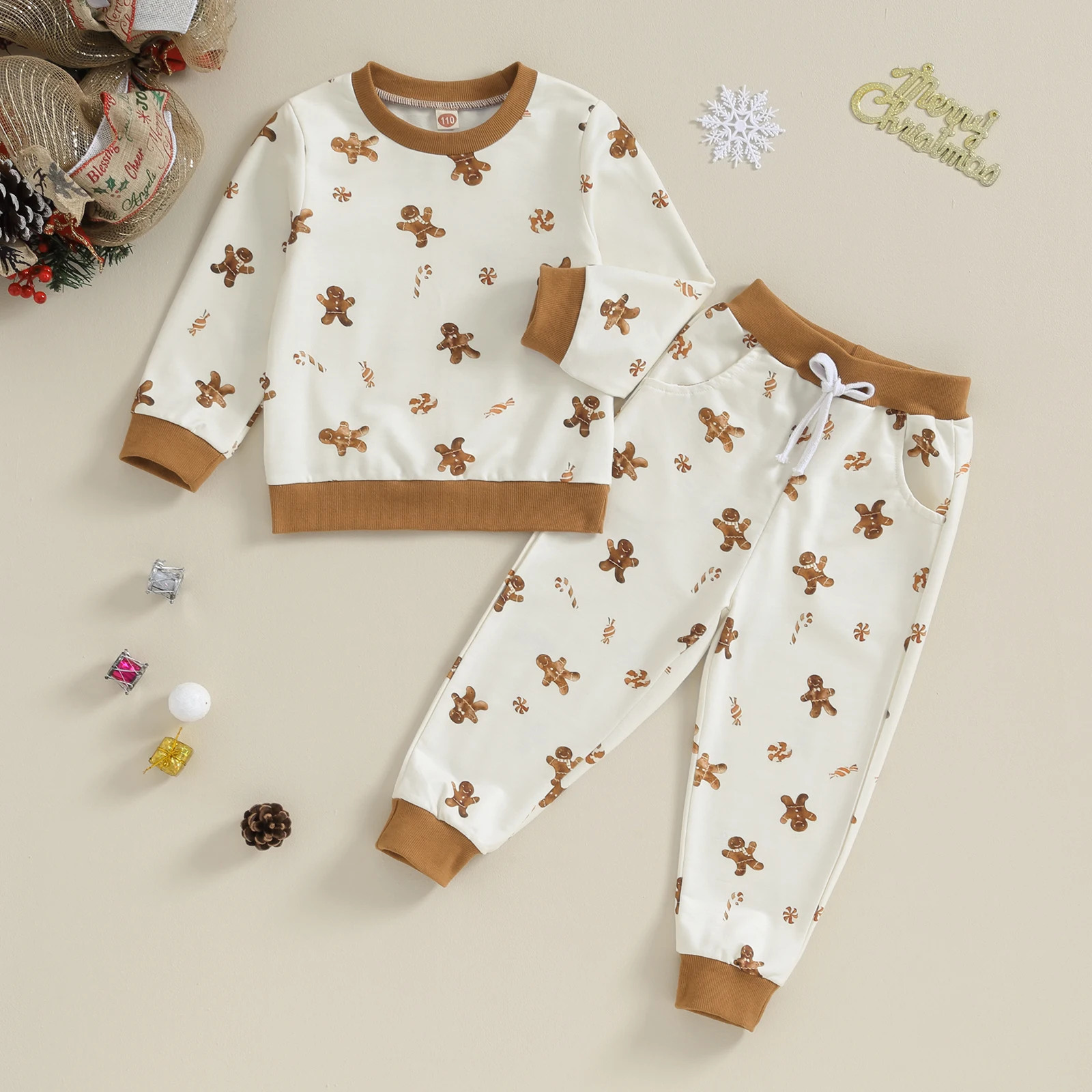 

BeQeuewll Kids Boys Girls Fall Outfits Gingerbread Man Print Long Sleeve Sweatshirts and Long Pants 2Pcs Christmas Clothes Set