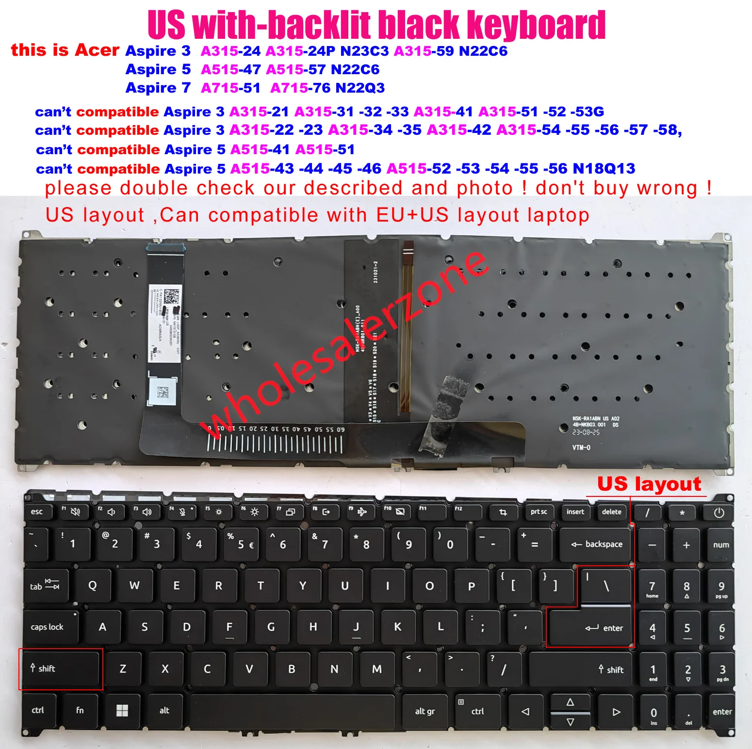 الولايات المتحدة الجديدة مع لوحة المفاتيح الخلفية لشركة أيسر أسباير 3 A315-59 A315-59G N22C6 أسباير 5 A515-57 A515-57G أسباير 7 A715-51G A715-76G N22Q3