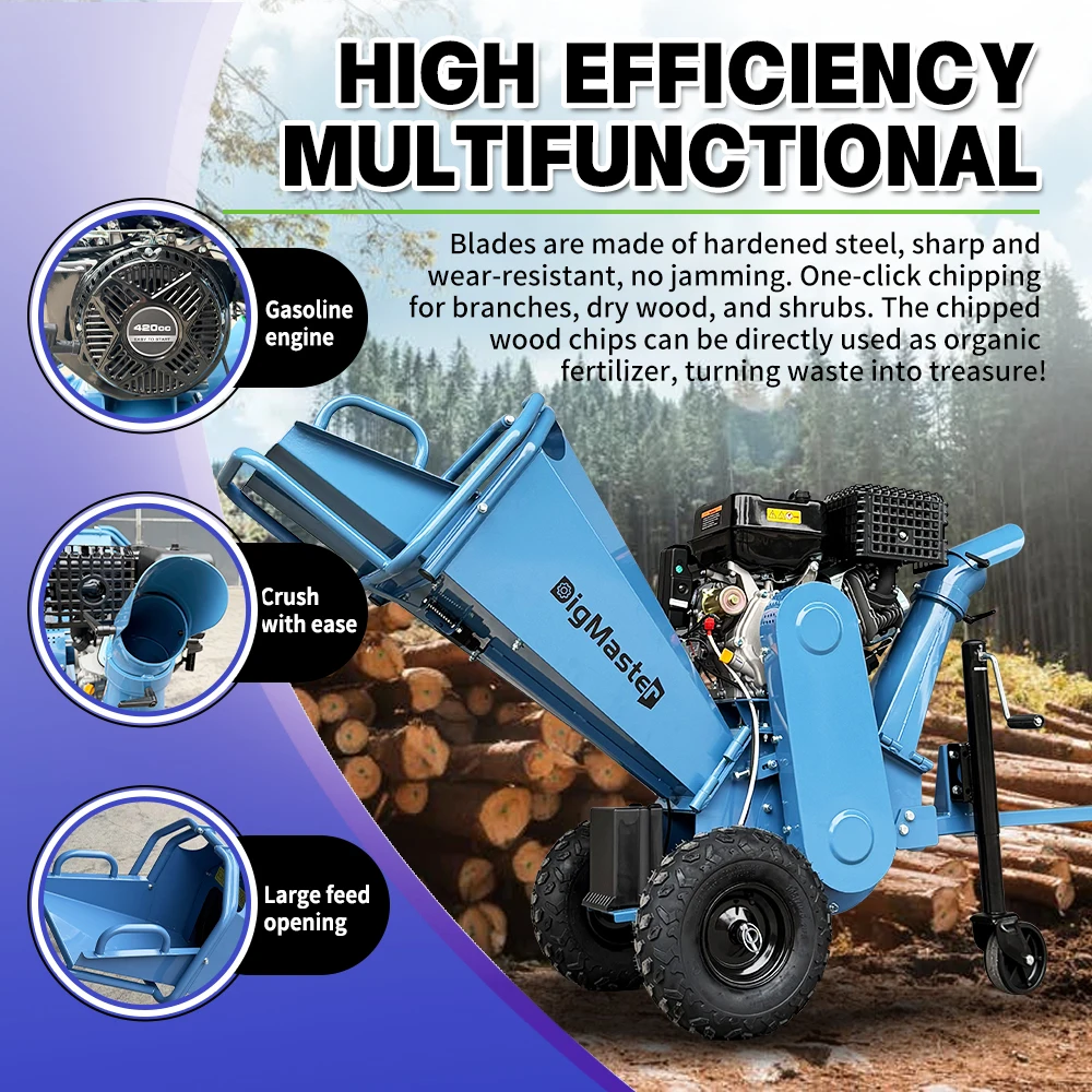 

15HP Wood Chipper Shredder | 420cc Gas, Double-Sided Blades, 3-Wheel Stable Design, 360° Discharge, Yard Clean