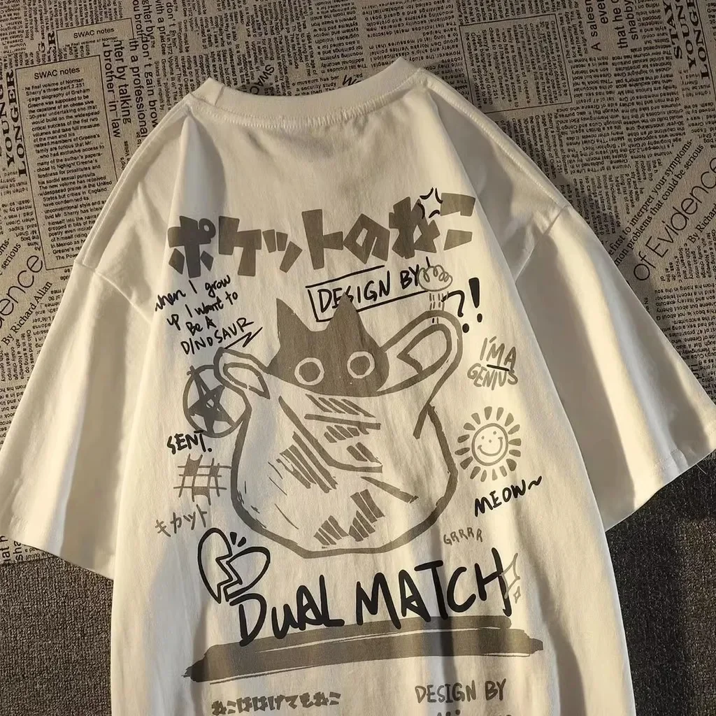 

Summer Japanese Retro Pocket Cat Cartoon Printed Short Sleeve T-shirt Male Female Couples Unisex College Style Oversized Top