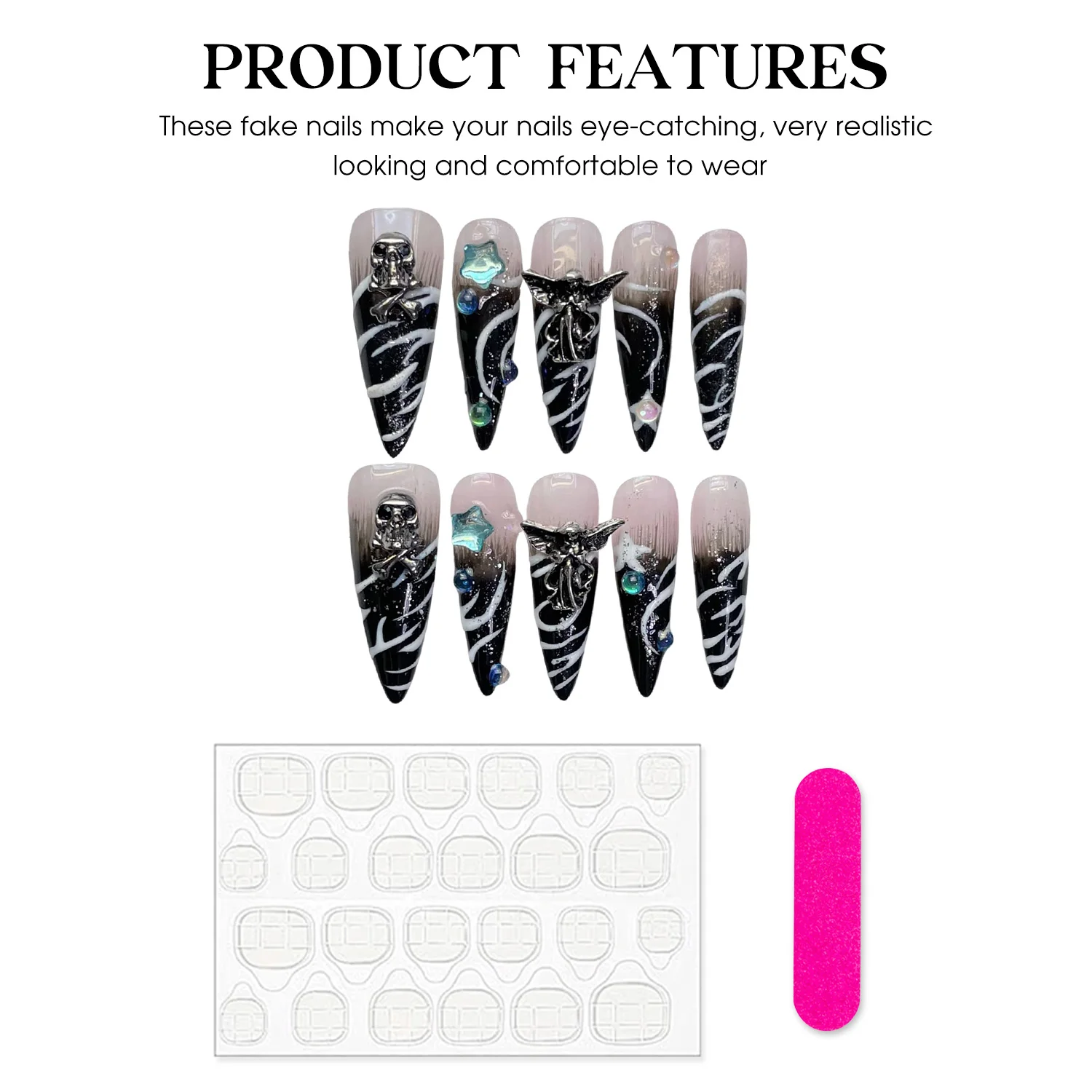 Punk Gothic Handmade Fake Nails Press On Acyrlic Nails Almond Tip Black Gradient Long Fake Nails With Flame Stripe Stars Designs