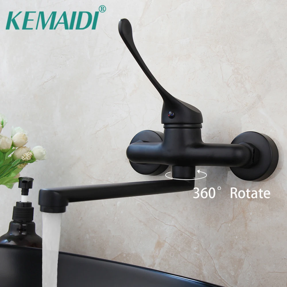 

KEMAIDI Black Bathtub Faucet Long Swivel Spout Hot Cold Water Mixer Bathroom Wall Mounted Tub Faucets