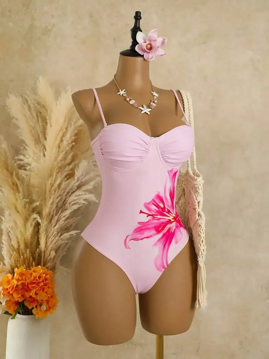 

Womens Pink Floral Print Spaghetti Strap Ruched Front One Piece Swimsuit